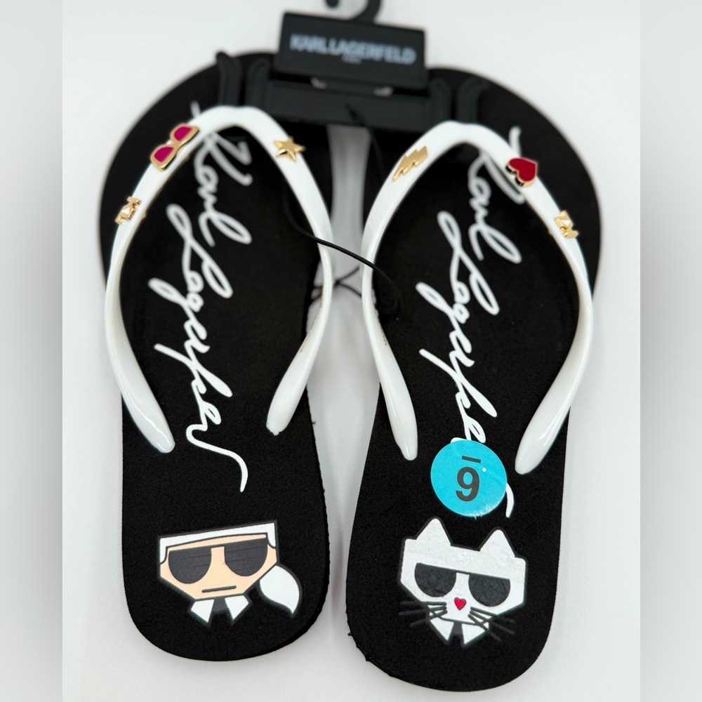 New Women’s Karl Lagerfeld Zonny Choupette Flip Flop Cat Embellishments Kitty